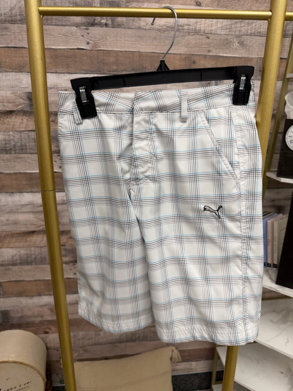 Puma White w/Navy & Aqua Plaid Bermuda Golf Shorts